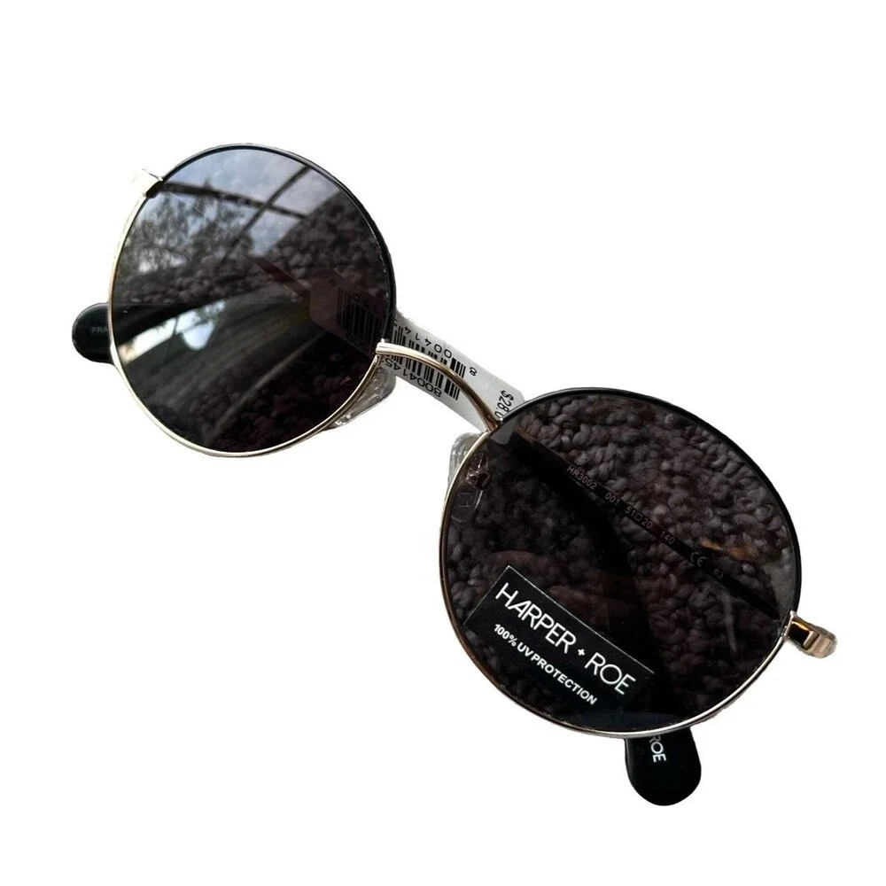 Harper + Roe Round Gold Tone Sunglasses Black Lenses Retro Boho Festival NWT